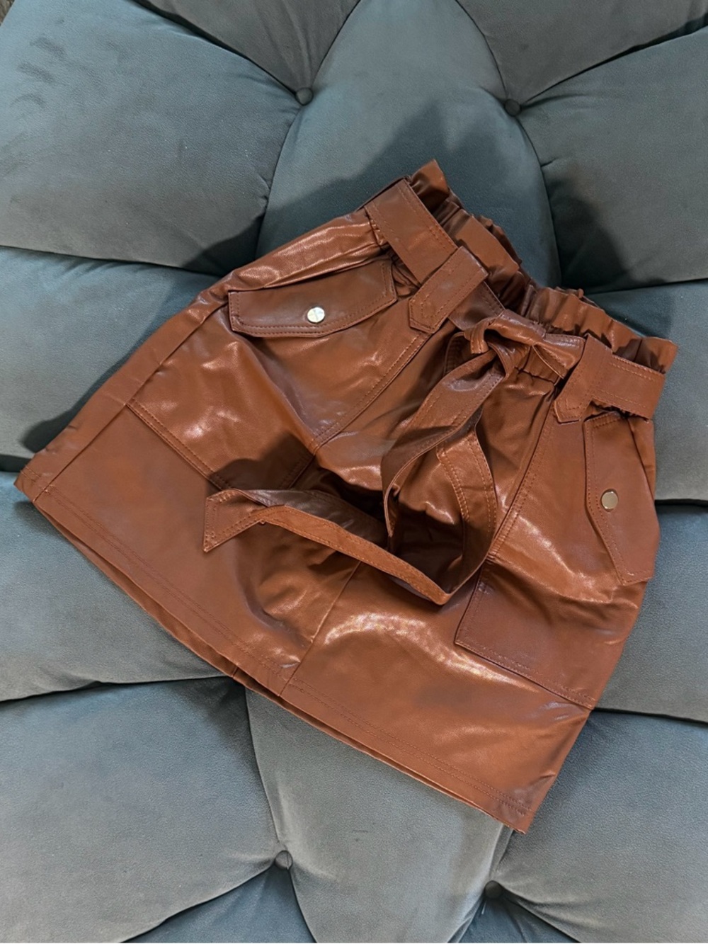 IRIS Brown Faux Leather Skirt with Paperbag Waist